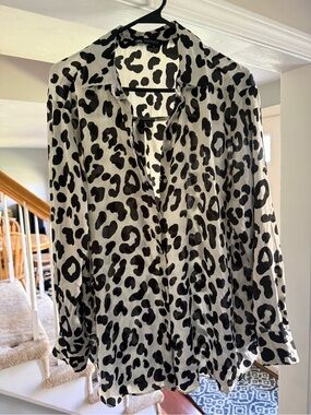 Zara Black and White Leopard Print Button-Down Shirt